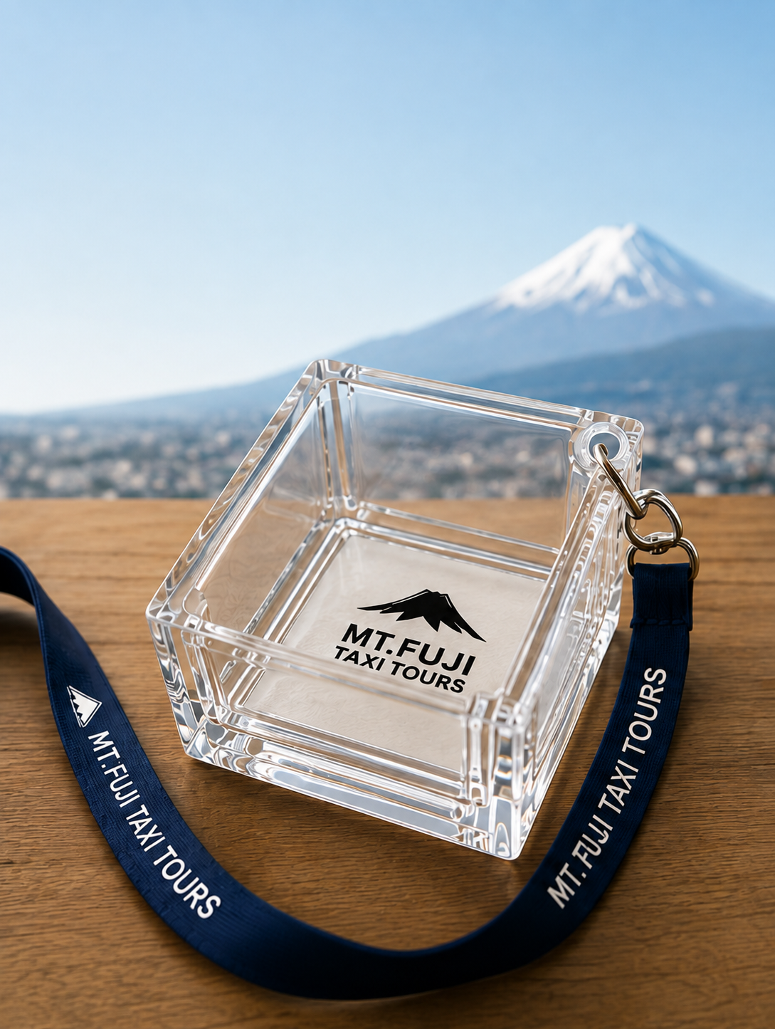 Clear acrylic MY SAKE MASU with neck strap
